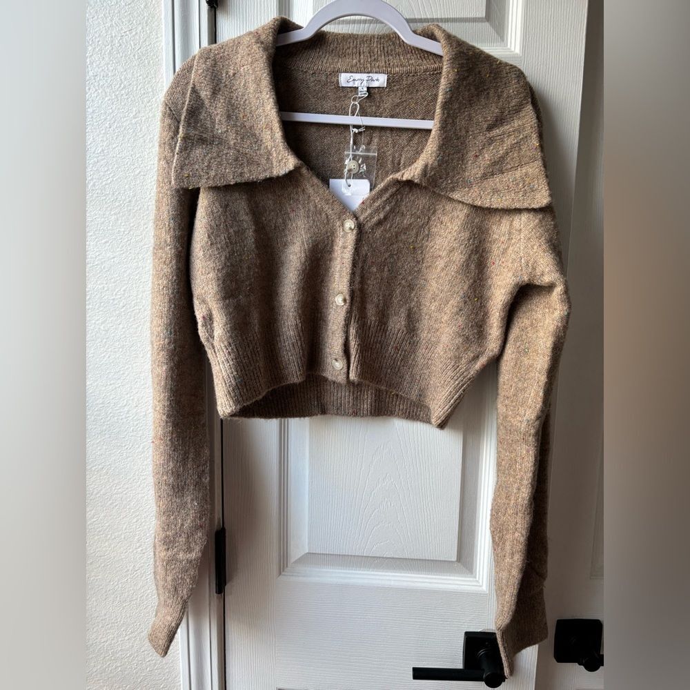 NWT Large Emory Park Wide Collar Cropped Cardigan Dark Oat Neutral 90's Inspired - Picture 7 of 11